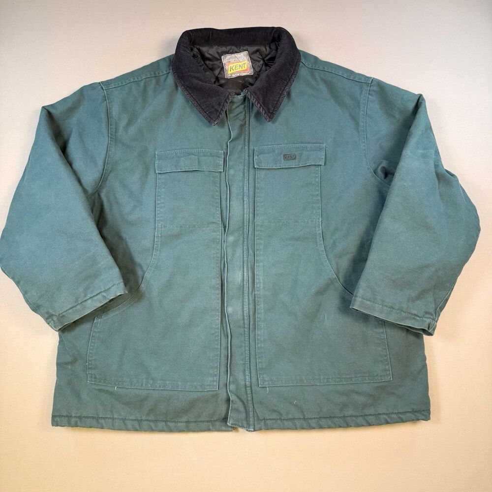 VTG Kent Canvas Chore Coat Mens XXL Green Corduroy Collar Quilted Insulated USA
